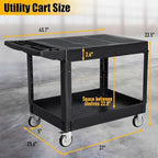 2 Tier Rolling Utility Cart on Wheels, 1000 lbs Capacity Flat Top Plastic Service Cart with Lipped Shelves, 46 x 26-Inch Heavy Duty Work Cart for Warehouse, Garage, Cleaning, Black