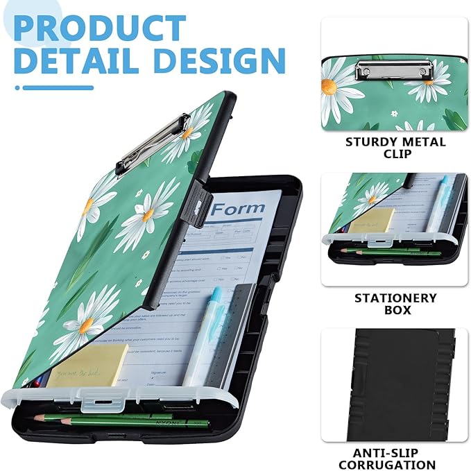 Pattern Design Clipboard with Storage - Heavy Duty Legal Size Clipboard, Ideal for Teachers, Nurses, Office Workers, Contractors, and Kids - 9.5 x 14.2 Inch (Daisy Flower)