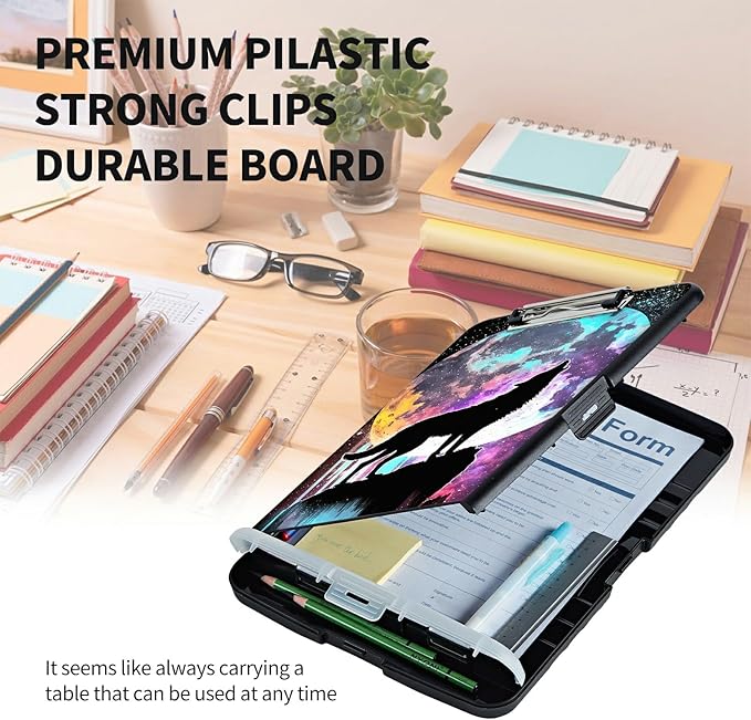Clipboard with Storage High Capacity Plastic Nursing Clipboards with Pen Holder File Folder Storage Box Clipboard with Heavy Duty Clips for Teacher,Doctor,Offices-Galaxy Wolf