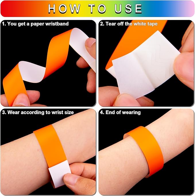 1200 Pcs Plastic Paper Wristbands for Events Neon Color Wrist Bands Concert Identification Wristbands Paper Bracelets Wristbands Party Hand Bands (Orange)