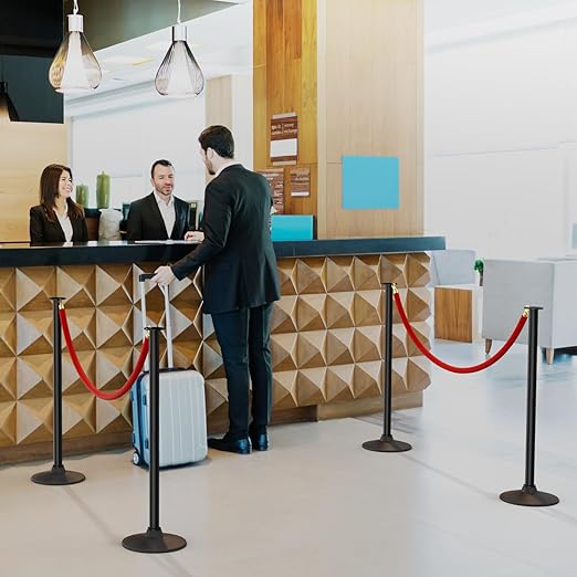 BATTIFE Plastic Stanchion Posts with Three Red Velvet Ropes and Weighted Rubber-Plastic Base, Crowd Control and Queue Management Barrier Poles for Party, Event, Red Carpet (4 Pack)