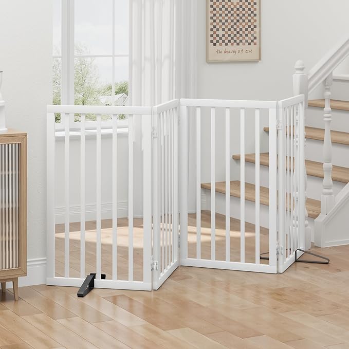 Dog Gates for Doorways, Tall Dog Gate Indoor, Foldable Pet Gates for Doorways Bedroom, Freestanding Puppy Gate with Metal Support Feet, Room Divider, 4 Panels (White)