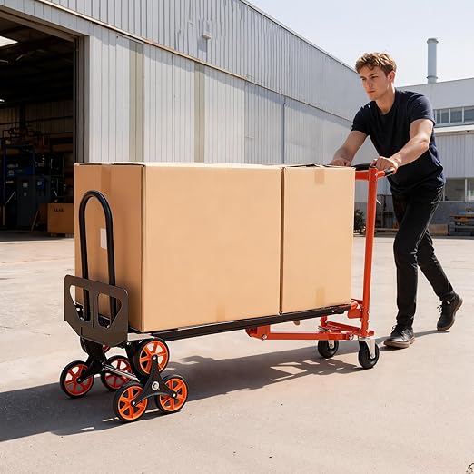VEVOR 3 in 1 Industrial Convertible Stair Climbing Cart, 770 lbs Max Load, Folding Hand Truck Dolly with Handle & Wheels, Stair Climbing Utility Trolley for Transport & Moving, Orange & Silver