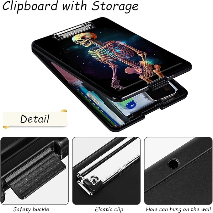 Clipboard with Storage, High Capacity Plastic Storage Clipboard with Pen Holder for Women Teachers Work, School & Office Supplies, Cute Pattern Decorative Clipboards, Colorful Skeleton