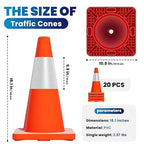 20 Pack 18" Traffic Cones, Orange Safety Cones with Heavy Stable PVC Base Reflective Collars, Multi-Use Parking Cones for Road Construction, Parking Lots, Driveway Marking
