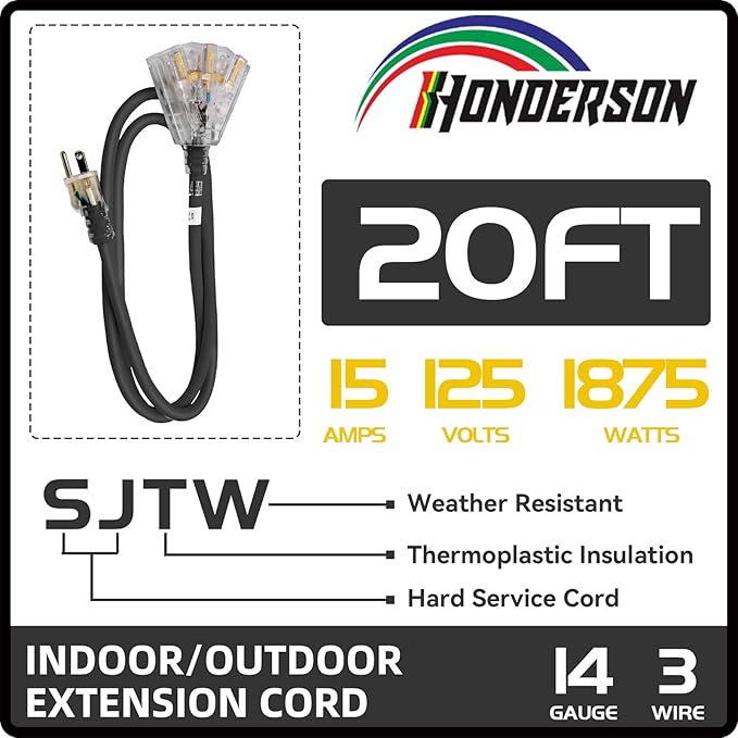 3-Outlets Indoor Outdoor Extension Cord Weatherproof with Lighted End, UL Listed, 14 Gauge 20FT Black 3 Prong Heavy Duty, 14/3 SJTW 15A Power Cord