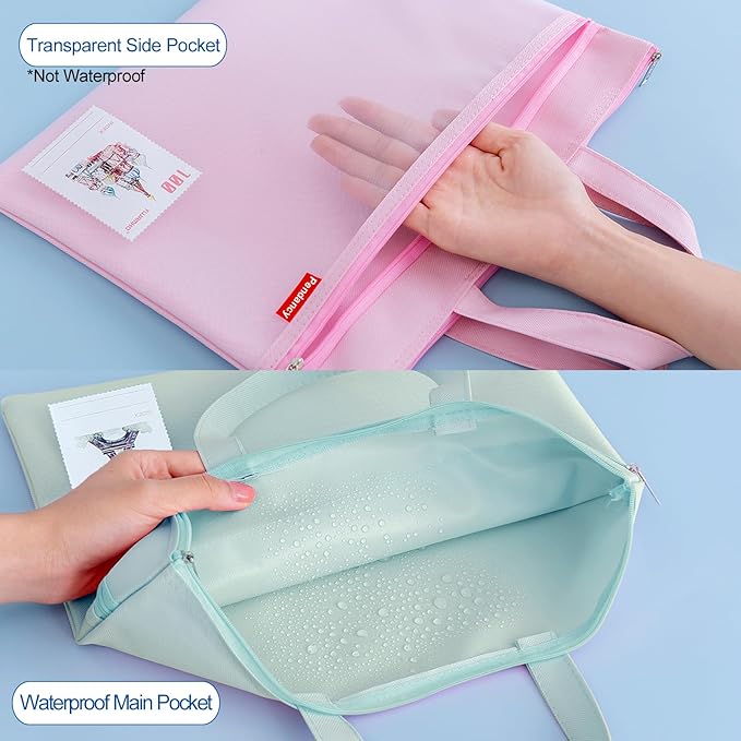 Pendancy Mesh Zipper Pouch 11x13.7 in, 2 pcs Large Double Pocket Waterproof File Bag with Handle, A4 Size Foldable Document Storage for Puzzle Project/Cross Stitch/Travel/Office（Green Pink）