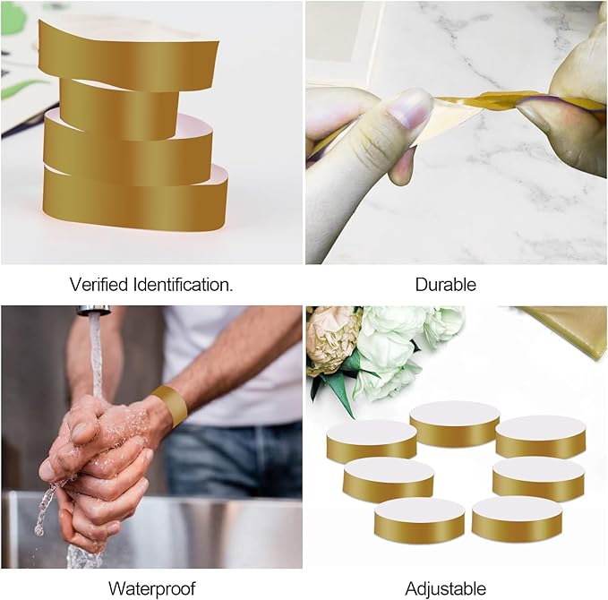 REHALY 1400 Pcs Neon Wristbands for Events - Waterproof Paper Bracelets in Colored Adhesive Bands for Concerts (Gold)