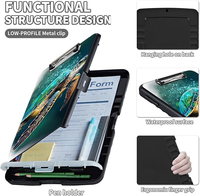 Clipboard with Storage,Clip Boards 8.5X11 with Storage & Pen Holder,Heavy Duty Plastic Nursing Clipboards Foldable,Coaches Clipboard Folder Case,School Office Supplies，Green Sea Turtle