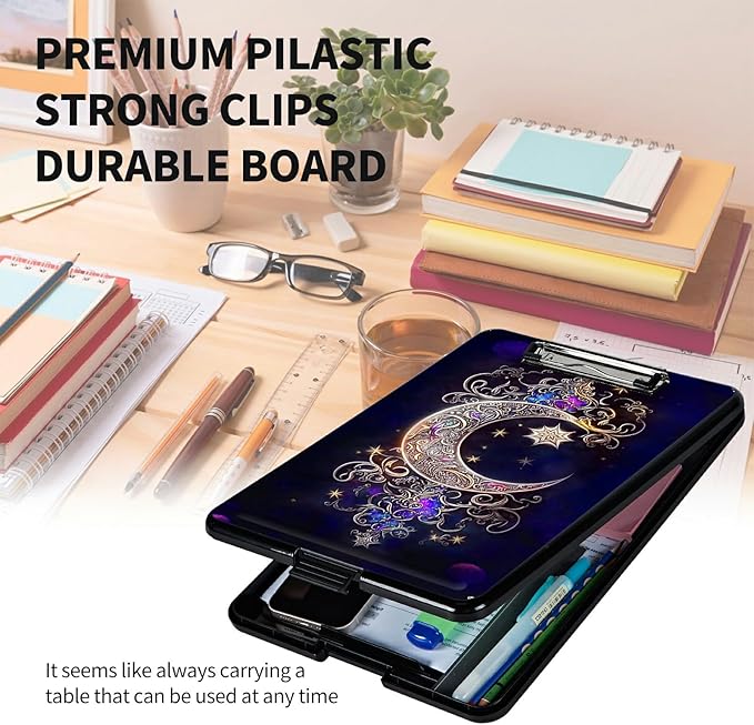 A4 Clipboards,Heavy Duty Waterproof Nursing Plastic Folder Clipboard with Storage Clip Boards,File Folder Storage Box Clipboard Case for Teacher,Doctor,Offices,Moon Star Galaxy Floral