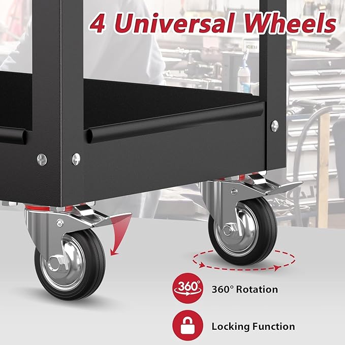 3 Tier Rolling Tool Cart on Wheels, Heavy Duty Service Cart Industrial Utility Cart with Drawer and Screwdriver Rack Pegboard, 550 LBS Mobile Tool Storage Organizer for Garage, Workshop(Black)