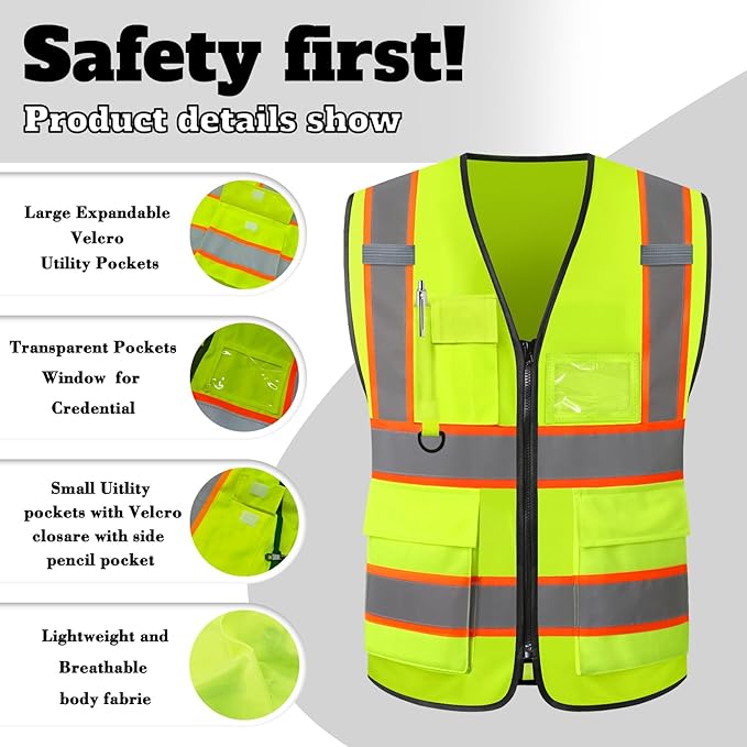 Custom Safety Vest High Visibility Reflective Vests with Logo Pockets Men Women Customize 2 two tone Work Vest Construction