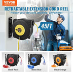 VEVOR Retractable Extension Cord Reel, 45 FT, Heavy Duty 12AWG/3C SJTOW Extension Power Cord with Lighted Triple Tap Outlet, 15A Circuit Breaker 180° Swivel Bracket for Ceiling or Wall Mount, Yellow