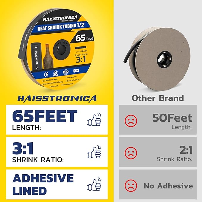 haisstronica 3:1 Heat Shrink Tubing, Shrink Ratio Adhesive Lined Marine Grade Heat Shrink Tube for Home, Automotive and Industrial (Black) 65FT 1/2inch