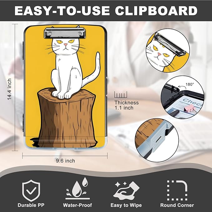 Clipboard with Storage,Storage Clipboard with Pen Holder,Heavy Duty Plastic Storage Clipboard with Low Profile Clip, Clipboard Folder, Teacher Must Haves, Office Supplies,Cat on Wooden