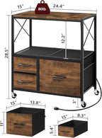 File Cabinet with Charging Station, 3 Drawer Lateral Filing Cabinet for Home Office, Mobile Printer Stand with Open Shelf, Fits A4/Letter Size File, Nonwovens Drawer, Rustic Brown FCHR98E01