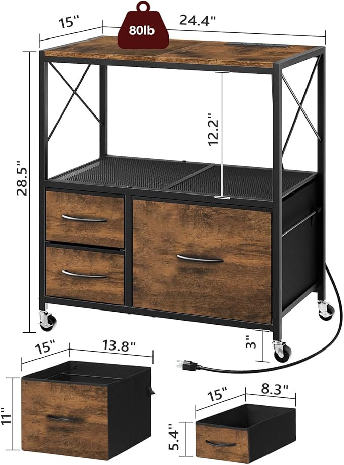 File Cabinet with Charging Station, 3 Drawer Lateral Filing Cabinet for Home Office, Mobile Printer Stand with Open Shelf, Fits A4/Letter Size File, Nonwovens Drawer, Rustic Brown FCHR98E01