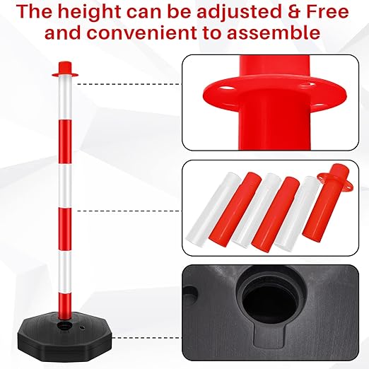 Konohan 12 Sets 34 Inch Parking Cone Delineators Post Traffic Cone Plastic Stanchion Set Stands Parking Barrier with Base 6.6 ft Chain S Hooks Reflective Collar (Red,White)