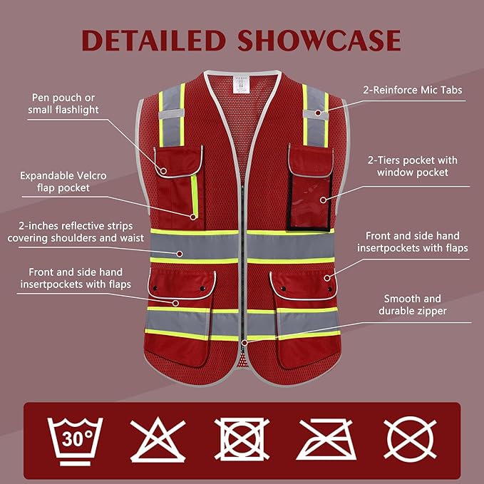 High Visibility Safety Vest - Reflective Breathable Mesh with 9 Pockets, Front Zipper for Men & Women - Meets ANSI/ISEA Standards