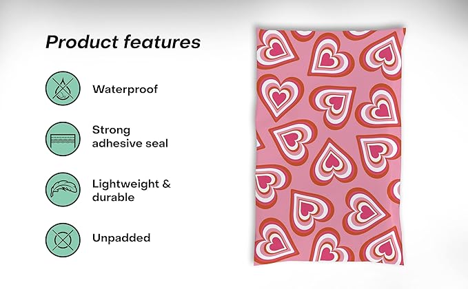 6x9 Poly Mailers – Cute Hearts – Waterproof, Tear-Resistant Shipping Bags with Adhesive Seal – 100 Pack – Package Mint