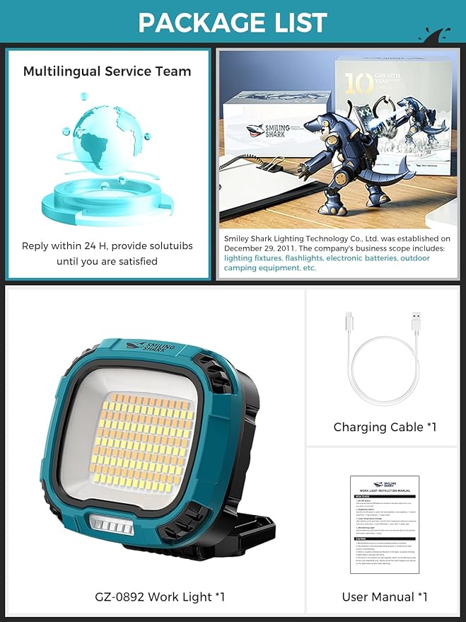 Smiling Shark Working Lights, 7500mAh Rechargeable LED Work Light 4000 Lumen 18 Light Mode Portable Magnetic Waterproof Drop Resistant Cordless Worklight Job Site Lighting for Garage Repair Camping
