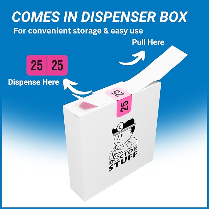 2025 Year Labels, Doctor Stuff 2025 Chart Stickers, Fluorescent Pink Color Coded, USA Made Year Stickers for End Tab File Folders, 500 Labels/Roll in a Dispenser Box, 3/4" x 1-1/2"