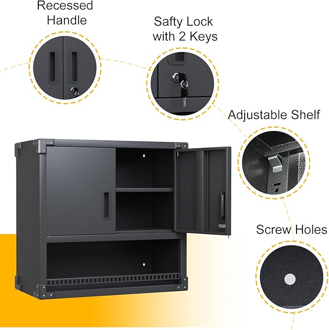 Metal Wall Mounted Cabinet with Locking Doors, Open Shelf, Adjustable Hanging Garage Storage Cabinet, Floating Upper Tool Cabinets for Shop, Kitchen, Bathroom (Black, 30''W x 12''D x 30''H)