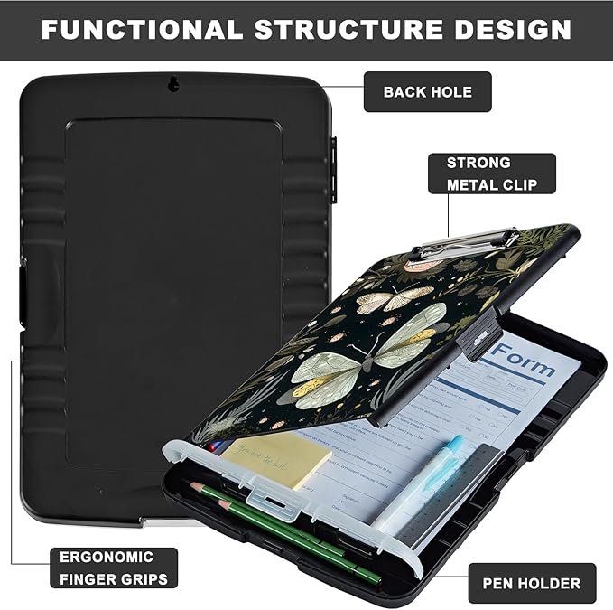 Clipboard with Storage,Storage Clipboard with Pen Holder,Heavy Duty Plastic Storage Clipboard with Low Profile Clip, Clipboard Folder, Teacher Must Haves, Office Supplies,Butterfly Florals