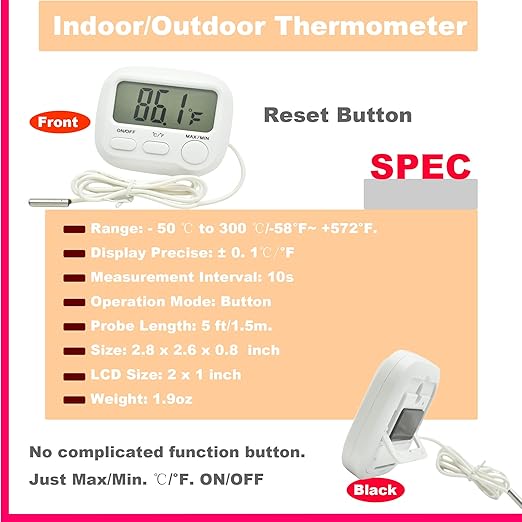 Small Digital Thermometer ON/Off Switch Indoor/Outdoor Meter Gauge with 5ft/1.5M Probe Sensor
