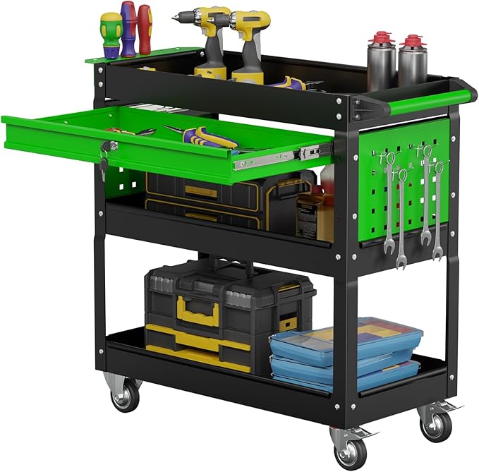 3 Tier Rolling Tool Cart, Heavy Duty Service Cart on Wheels for Mechanics,400 LBS Utility Cart with Drawers for Garage, Warehouse & Repair Shop (Blackgreen, Utility carts)