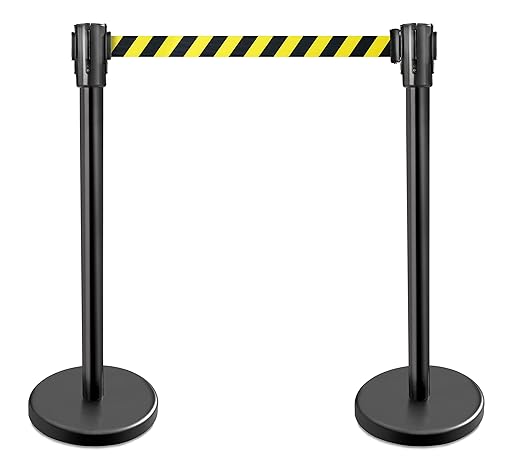 New Star Foodservice 1028911 Stanchions, 36-Inch Height, 6.5-Foot Retractable Belt, Set of 2, Hazard Belt Pattern
