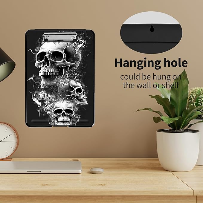 A4 Clipboards,Heavy Duty Waterproof Nursing Plastic Folder Clipboard with Storage Clip Boards,File Folder Storage Box Clipboard Case for Teacher,Doctor,Offices,Skull
