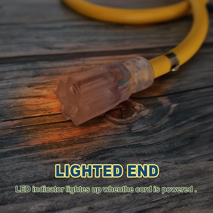 EP 30 Ft Lighted Outdoor Extension Cord - 10/3 SJTW Heavy Duty Yellow Extension Cable with 3 Prong Grounded Plug for Safety, ETL Listed