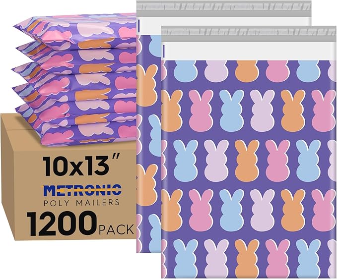 Metronic Poly Mailers 10x13 Inch 1200pc, Easter Rabbit Bags for Shipping, Self-Adhesive Shipping Envelopes for Small Business, Waterproof Mailers Poly Bags for Shipping, Packaging Mailing Bags Bunnies