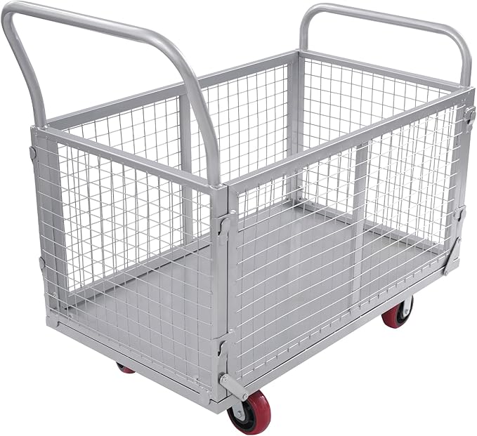 Large Platform Truck Cart, 440LBS Heavy Duty Push Cart Dolly with Cage, 39 x 24in Steel Flatbed Carts Flat Dollys Hand Trucks for Groceries, Garage, Warehouse, Equipment
