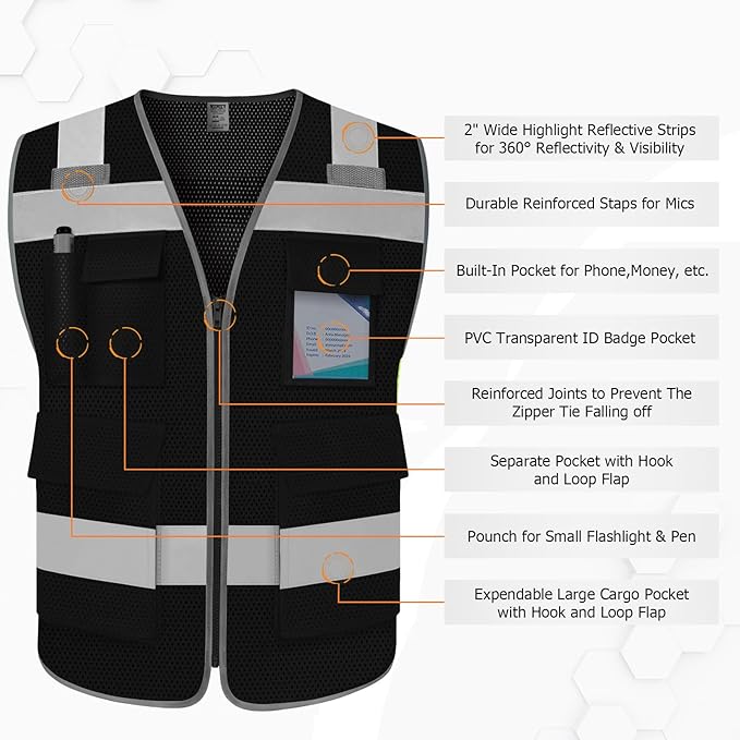 TCCFCCT Mesh Reflective Safety Vest with 5 Pockets High Visibility Vest for Men Women, Work Vest with Horizontal Strip for Walkie-talkie and ID Card, Meets ANSI/ISEA Standards, Black, 4XL