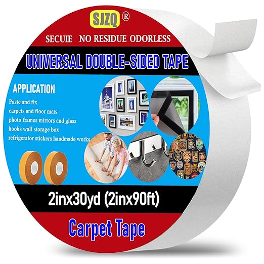 Double Sided Carpet Tape 2 in x 30 yd - Heavy Duty Rug Gripper for Area Rugs on Hardwood, Tile, Concrete Floors, Strong Adhesive Removable Residue Free