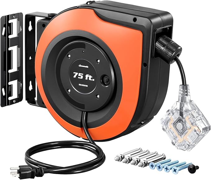 DEWENWILS 75 FT Retractable Extension Cord Reel with 6 Grounded Outlets, 14/3C SJTOW Heavy Duty Power Cord with New Twist-Lock Stopper, Lighted Triple Tap, 10A Circuit Breaker, ETL Listed