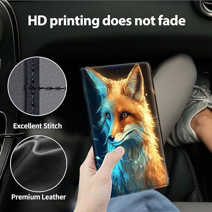Car Registration and Insurance Holder, Leather Car Glove Box Organizer, Cool Car Accessories for ID, Driver's License Cards & Essential Document,business cards,Men&Women,Purple Yellow Fox