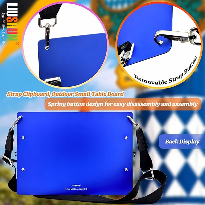 Aluminum Metal Clipboard with Detachable Adjustable Shoulder Strap A4 Double Clip Board Stainless Hangable w/Pen Holder Letter 9" x 12.6" for School Office Business Factory (Blue-with Strap, A4)