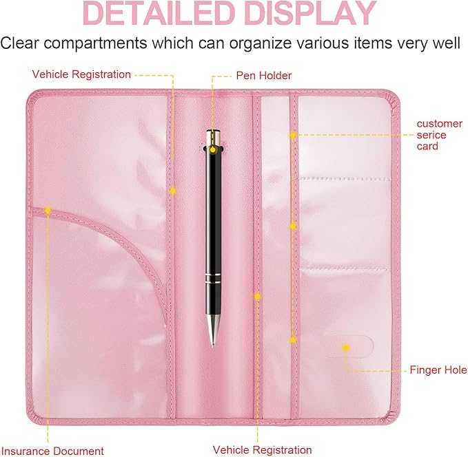 PLOJOP Car Registration and Insurance Card Holder, Leather License Document Pink Glove Box Compartment Organizer, Car Wallet Case for Essential Info, License Cards, ID Card