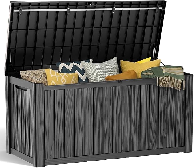 180 Gallon Resin Deck Box, Lockable Patio Outdoor Storage Box for Furniture, Garden Tools and Tools Storage, Waterproof Outside Storage Boxes - Black