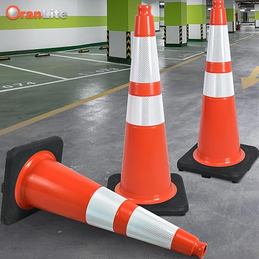 6 Pack 28" Inch Large PVC Traffic Cones with Heavy-Duty Black Base, High-Visibility All-Weather Safety Cones for Road Construction, Parking Lot, Garage Use (6, Orange, 28" Large)
