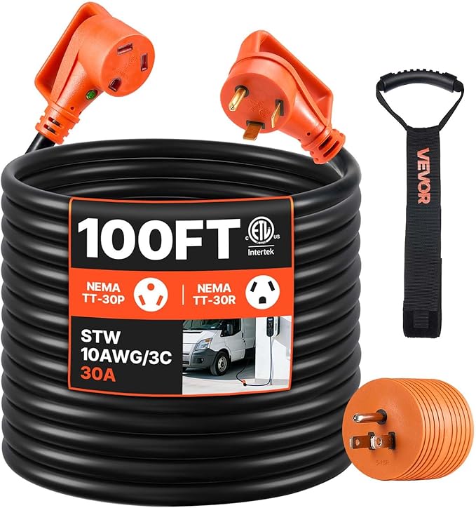 VEVOR 100 FT RV Extension Cord, 30 Amp, 125V 2500W Heavy Duty STW 10/3 Gauge Wire, NEMA TT-30P Male NEMA TT-30R Female Plug, with LED Power Indicator, Handle, 15A Adapter, for RV Trailer, ETL Listed
