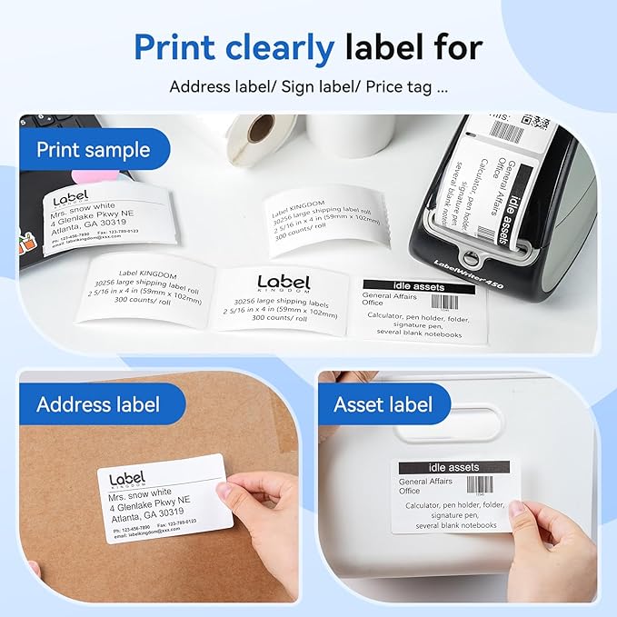 Label KINGDOM 30256 Paper Roll Replace for Dymo Standard Large Shipping Labels 2-5/16'' x 4'' LW White Labels for Label Writer 450 Twin Turbo Duo (59 mm x 102 mm, 300/Roll, 1 Roll)