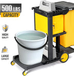 TUFFIOM Janitorial Cart with Key-Locking Cabinet, 3-Shelf Commercial Cleaning Cart, Housekeeping Caddy with Locker,Wheeled with Yellow Vinyl Bag, Black, Great for Hotel, Stores, Schools, and Business