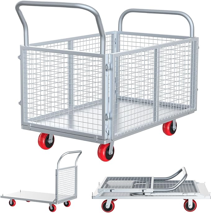 2IN1 Steel Panel Cart Dolly – Heavy Duty Drywall Lumber Truck Cart with 3000 LBS Capacity, 44 x 28 Inch 2.2MM Steel Plate, 6" Swivel Brake Wheels, 1 Front & 3 Side Handrails (X Large with Cage)