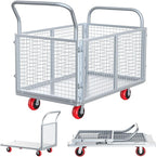 2IN1 Steel Panel Cart Dolly – Heavy Duty Drywall Lumber Truck Cart with 3000 LBS Capacity, 44 x 28 Inch 2.2MM Steel Plate, 6" Swivel Brake Wheels, 1 Front & 3 Side Handrails (X Large with Cage)