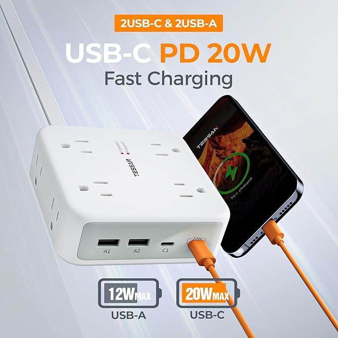 TESSAN Surge Protector Power Strip, 5 Ft Extension Cord Flat Wall Plug with 4 USB (2 USB C) 8 Outlets, 2100J Dual Surge Protection, 20W Multiple Charging Station for Home, Office, College, Dorm Room