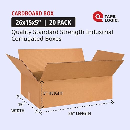 TAPE LOGIC 26x15x5 Flat Corrugated Boxes, Flat, 26L x 15W x 5H, Pack of 20 | Shipping, Packaging, Moving, Storage Box for Home or Business, Strong Wholesale Bulk Boxes